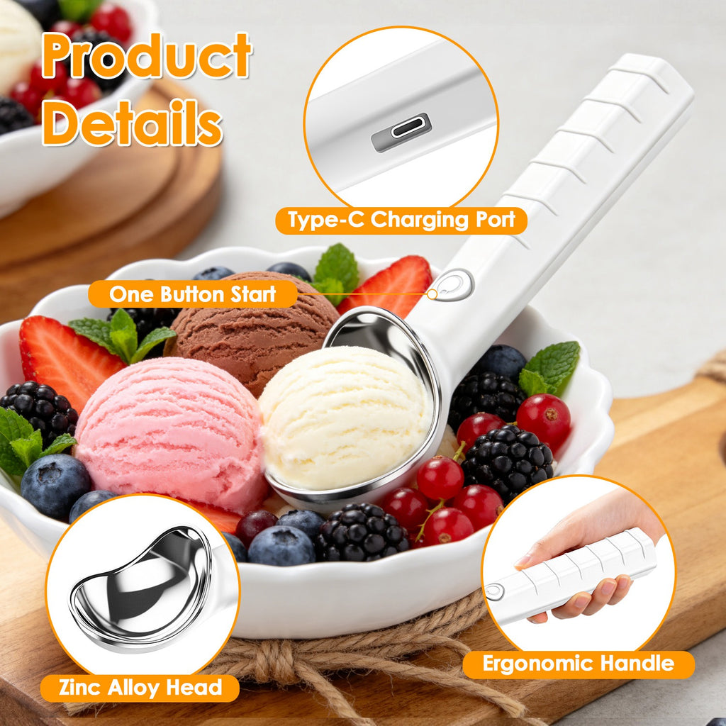 1Set Heated Ice Cream Scoop Rechargeable Electric Ice Cream Scooper IP66 Waterproof 45S Fast Heating 5Min Auto Shutoff for Hard Ice Cream Gelato Yogurt