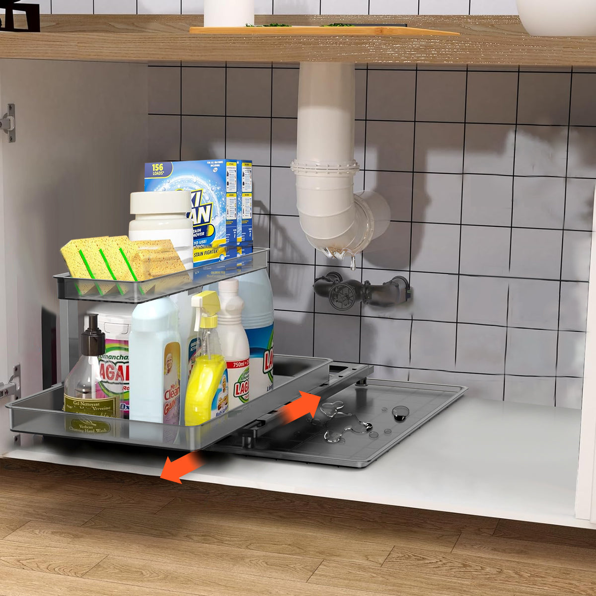 1Pc 2Tier Pull Out under Sink Organizer Cabinet Organizer with Sliding Drawer Tray L Shaped Slide Out Storage Shelves for Bathroom Kitchen Cabinet