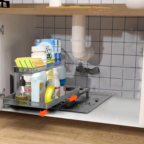 1Pc 2Tier Pull Out under Sink Organizer Cabinet Organizer with Sliding Drawer Tray L Shaped Slide Out Storage Shelves for Bathroom Kitchen Cabinet