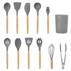 2 Color Options -- Set of 11Pcs Silicone Cooking Utensil Set for Food Preparation Heat Resist Wooden Handle Silicone Spatula Turner Ladle Spaghetti Server Tongs Spoon Egg Kitchenware Set with Holder