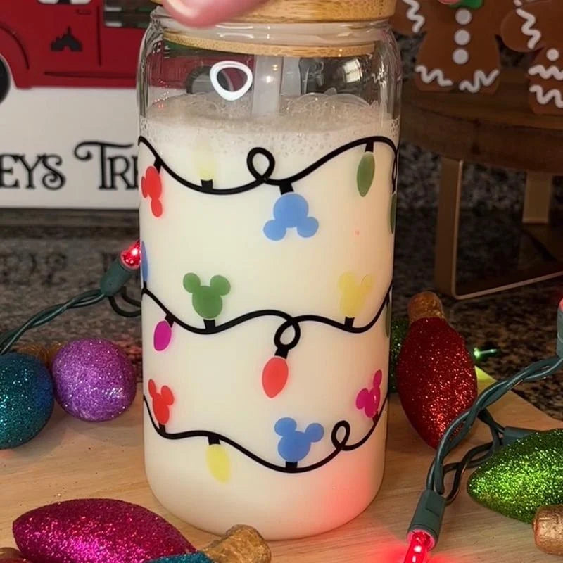 Color Changing Christmas Lights Glass Cup with Lid and Straw - 16 Oz - Drinkware, Transparent Tumblers Mug Bottles
