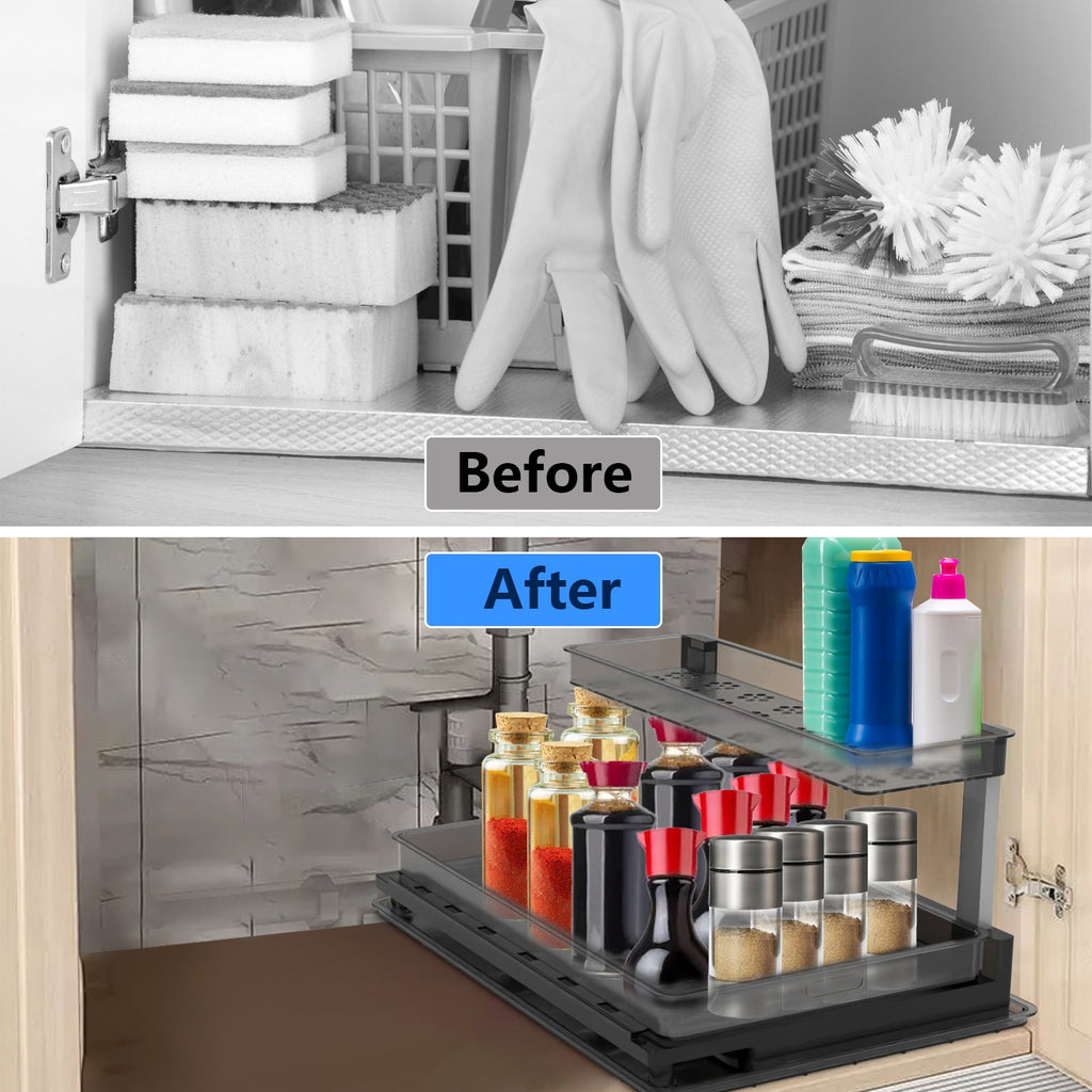 1Pc 2Tier Pull Out under Sink Organizer Cabinet Organizer with Sliding Drawer Tray L Shaped Slide Out Storage Shelves for Bathroom Kitchen Cabinet