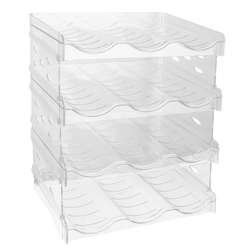 1Pc 4 Tier Bottle Storage Holder 12 Bottles Transparent Stackable Bottle Organizer Standing Drink Holder Shelf for Kitchen Fridge Cabinet Pantry
