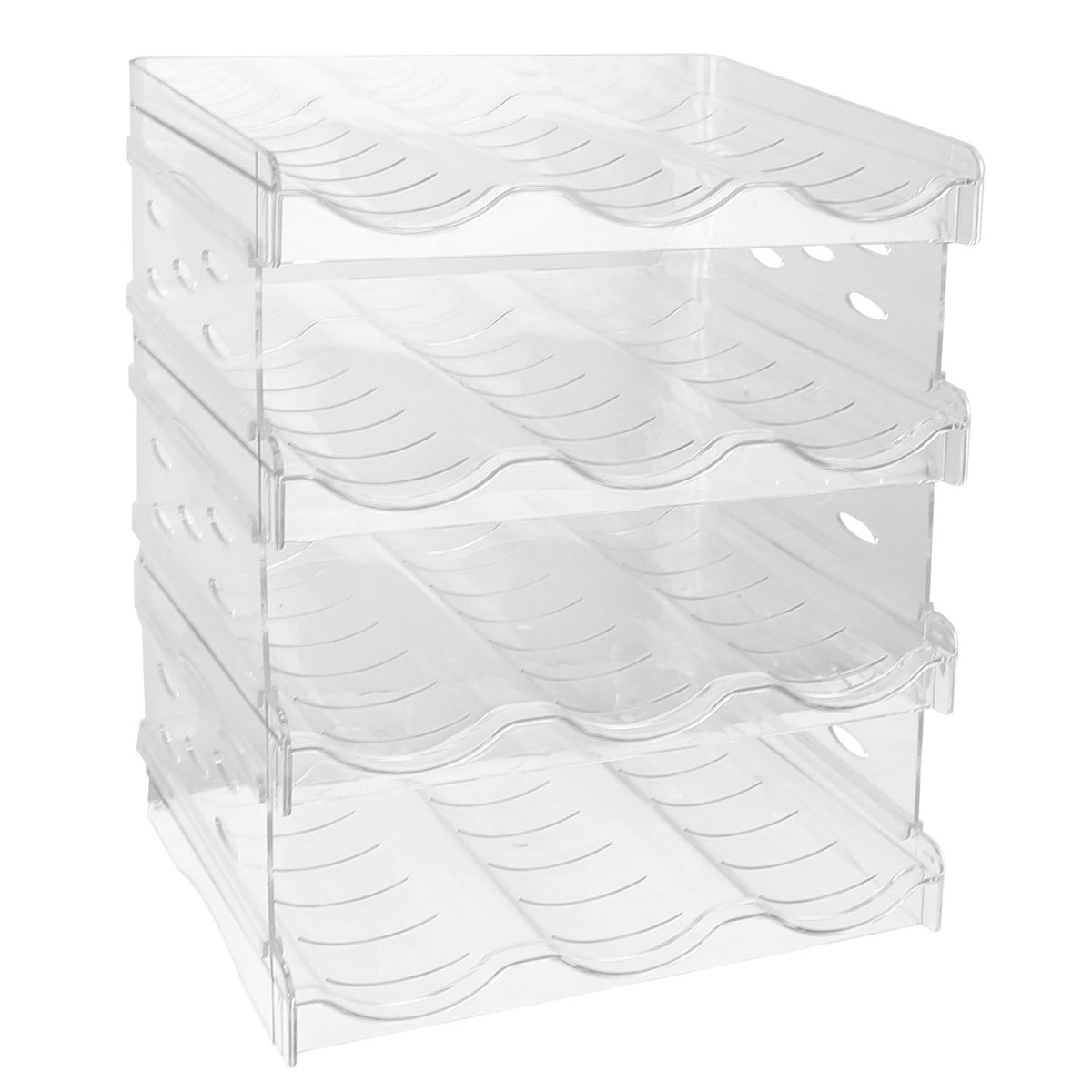 1Pc 4 Tier Bottle Storage Holder 12 Bottles Transparent Stackable Bottle Organizer Standing Drink Holder Shelf for Kitchen Fridge Cabinet Pantry