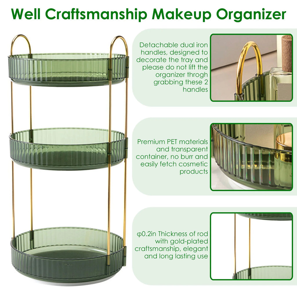 1 Set 3 Tier Rotating Makeup Organizer 360 Degree Spinning Perfume Cosmetic Storage Tray 55LBS Load Countertop Shelves for Lotion Lipstick