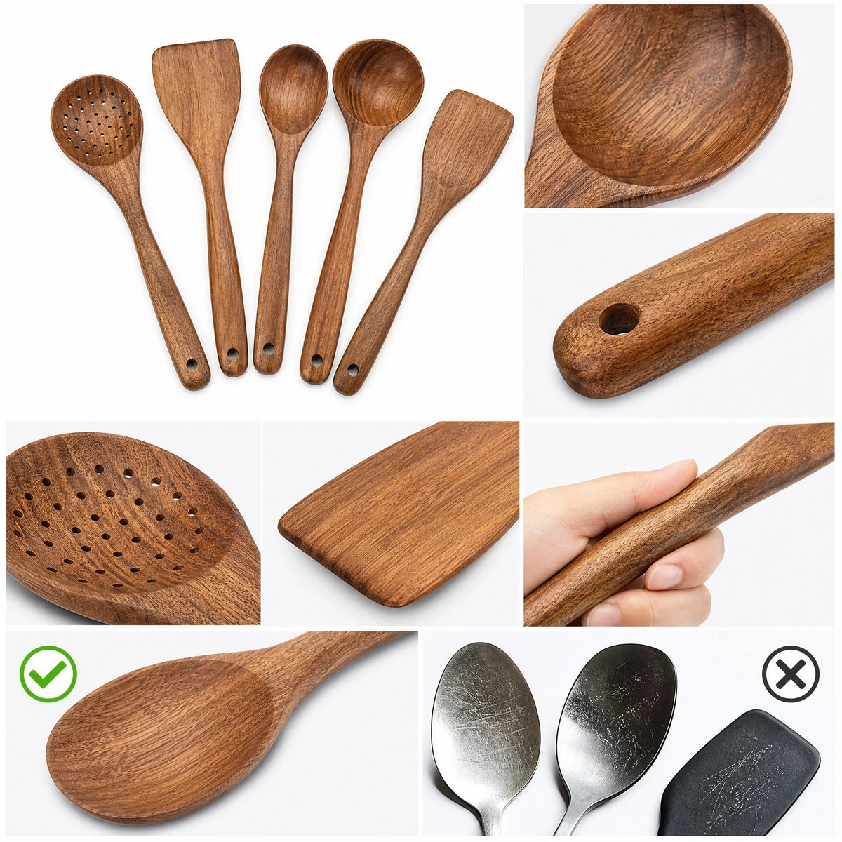 5Pcs Wooden Utensil Set with Hanging Holes, Food Grade Spoons and Spatula 24-33.7Cm, Non-Toxic Smooth Kitchen Tools for Cooking