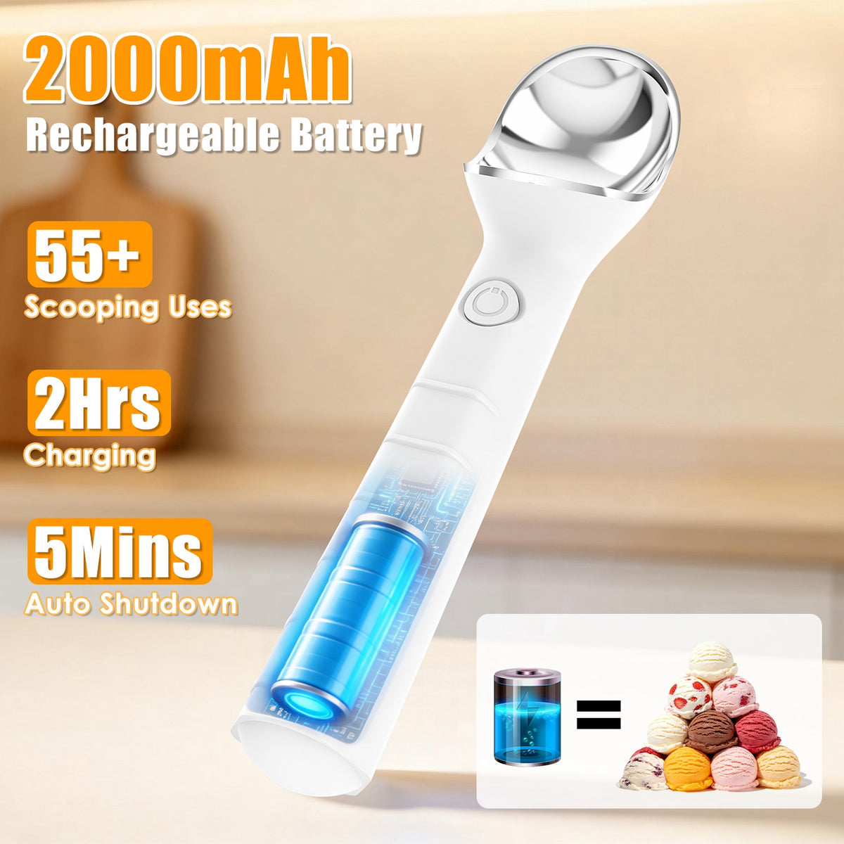 1Set Heated Ice Cream Scoop Rechargeable Electric Ice Cream Scooper IP66 Waterproof 45S Fast Heating 5Min Auto Shutoff for Hard Ice Cream Gelato Yogurt