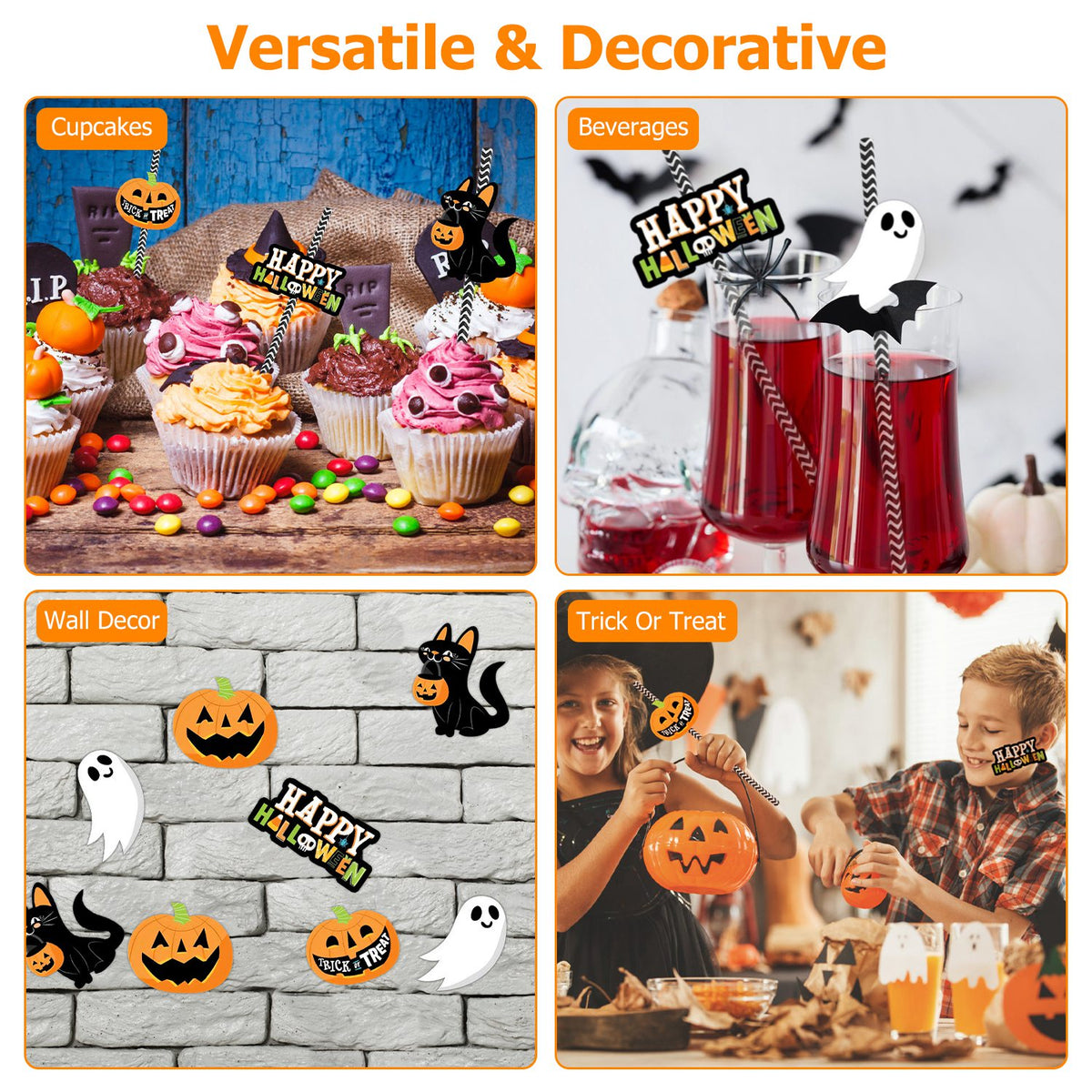 Set of 25Pcs Halloween Party Striped Decorative Straws Disposable Drinking Straws Paper Straw Decor Happy Halloween Ghost Lantern Black Cat Halloween Party Supplies