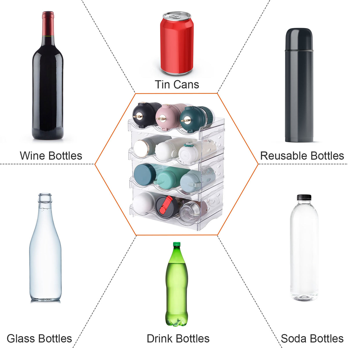 1Pc 4 Tier Bottle Storage Holder 12 Bottles Transparent Stackable Bottle Organizer Standing Drink Holder Shelf for Kitchen Fridge Cabinet Pantry
