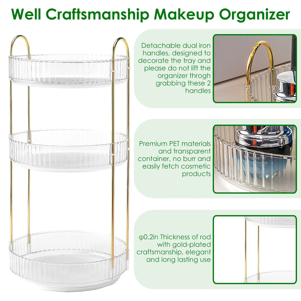 1 Set 3 Tier Rotating Makeup Organizer 360 Degree Spinning Perfume Cosmetic Storage Tray 55LBS Load Countertop Shelves for Lotion Lipstick