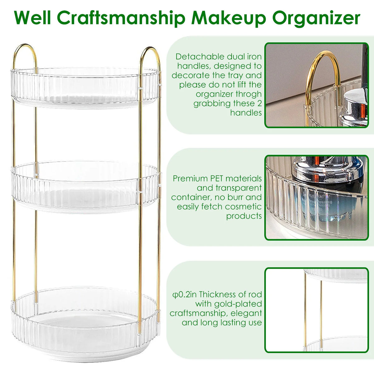 1 Set 3 Tier Rotating Makeup Organizer 360 Degree Spinning Perfume Cosmetic Storage Tray 55LBS Load Countertop Shelves for Lotion Lipstick