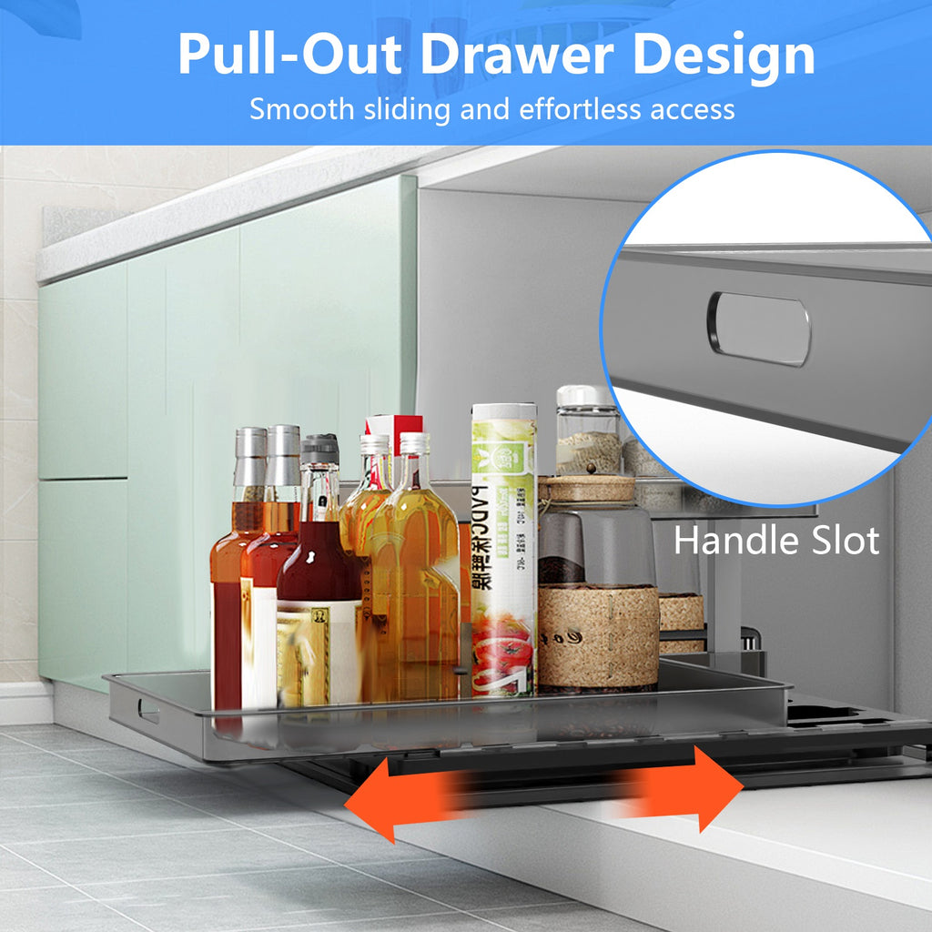 1Pc 2Tier Pull Out under Sink Organizer Cabinet Organizer with Sliding Drawer Tray L Shaped Slide Out Storage Shelves for Bathroom Kitchen Cabinet