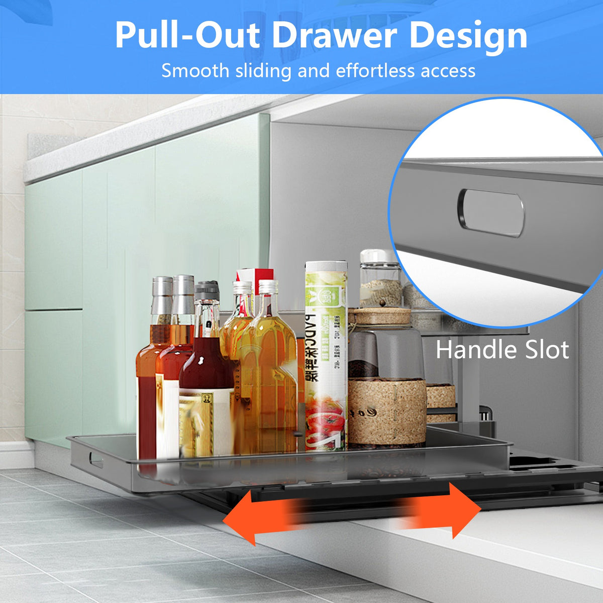 1Pc 2Tier Pull Out under Sink Organizer Cabinet Organizer with Sliding Drawer Tray L Shaped Slide Out Storage Shelves for Bathroom Kitchen Cabinet