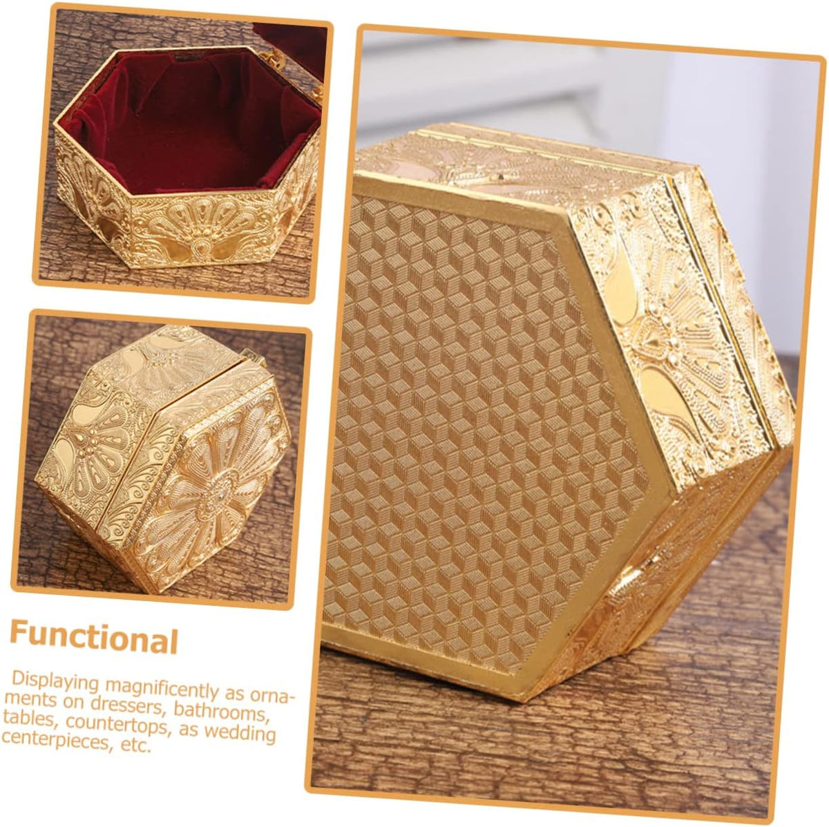 Vintage Hexagonal Jewelry Box Organizer for Earrings and Necklaces Golden Zinc Alloy, Portable Lightweight Design, Display Ornament for Weddings and Small Collectibles